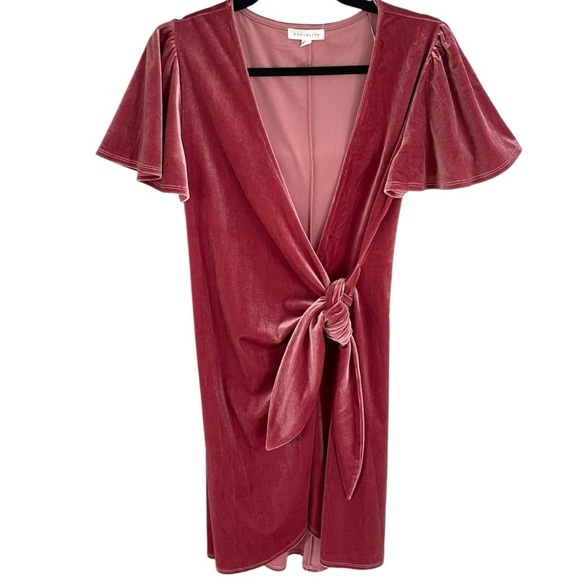 Socialite Dresses & Skirts - Socialite Pink Velour Wrap Dress Mini V Neck